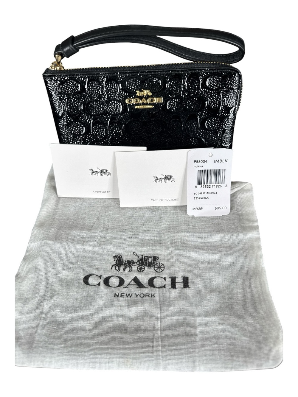 COACH Corner Zip Black Patent Debossed Leather Wristlet - Picture 6 of 6